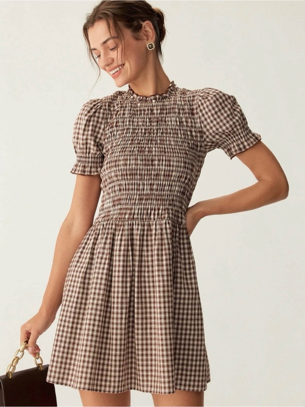 RIHOAS Brown Gingham Smocked Mini Dress